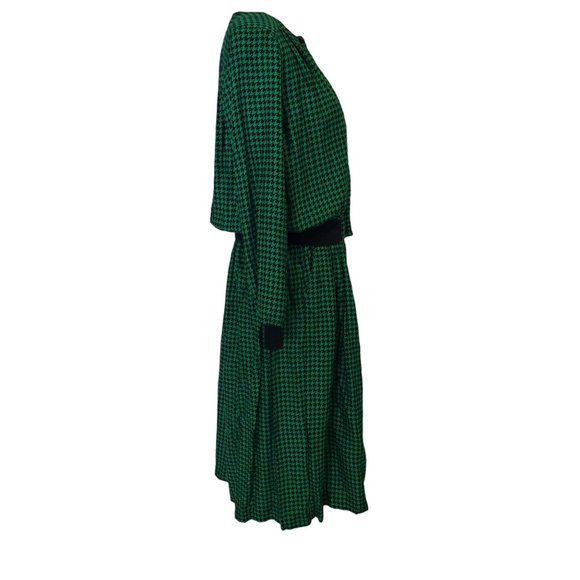Vintage Green & Black Houndstooth Co-Ord Jacket & Skirt Set Women Medium Petite - Picture 2 of 16